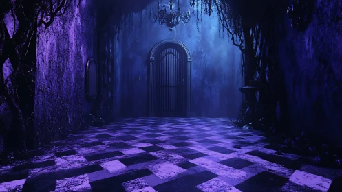 Gothic corridor with barred iron door in eerie violet fog