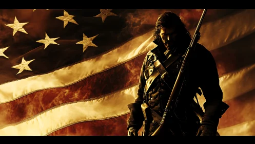 Armed soldier silhouette stands before dramatic US flag.