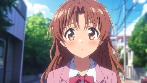 Anime schoolgirl with long hair on a sunny city street.