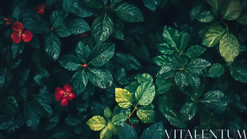 Rain-damp green foliage with scattered red flowers.