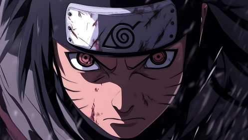 Battleworn shinobi close-up under falling rain at night