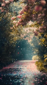 Gentle cherry blossoms drifting over a sunlit spring path.