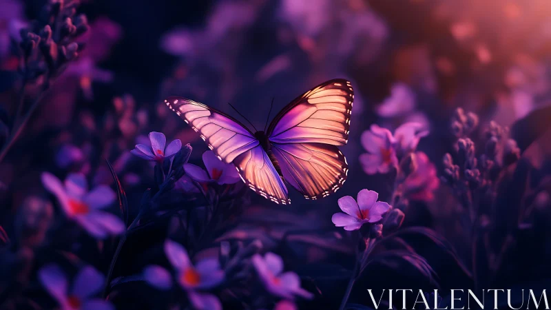 Butterfly with violet wings above softly lit wildflowers.
