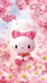 Soft-lit chibi cat character amid high-saturation cherry blossoms