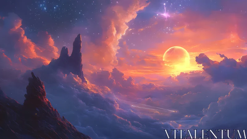 Celestial sunset sky with rocky peaks above bright clouds.