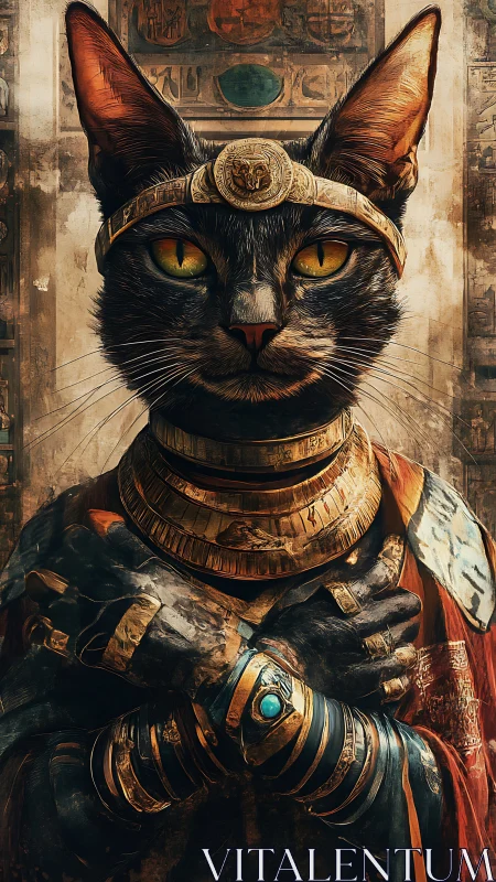 Regal black cat goddess in ornate pharaonic gold regalia.