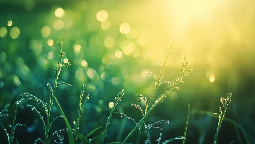 Dawnlit dew grass whispers under a hazy emerald sunrise.