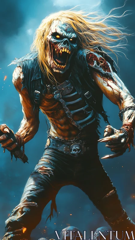 Ferocious skeletal metal monster roaring in smoky blue void.