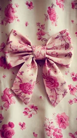 Close-up textile photograph of pink floral satin bow on fabric