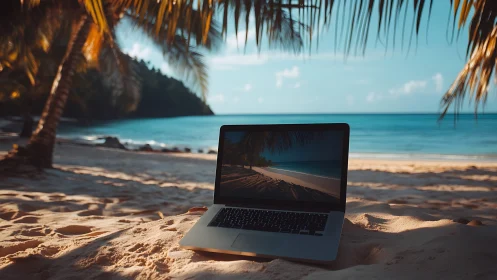 Palm-shaded laptop quietly invites remote work by the sea