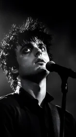 Intense black and white portrait of singer onstage.