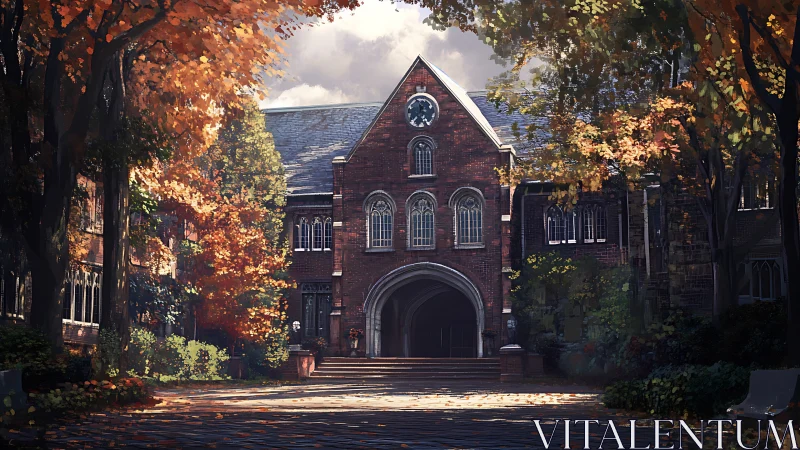Autumn-lit brick college hall with arched entryway at dusk.