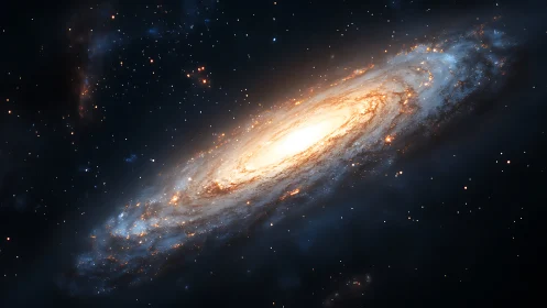 Luminous spiral galaxy glows warmly at the heart of deep space