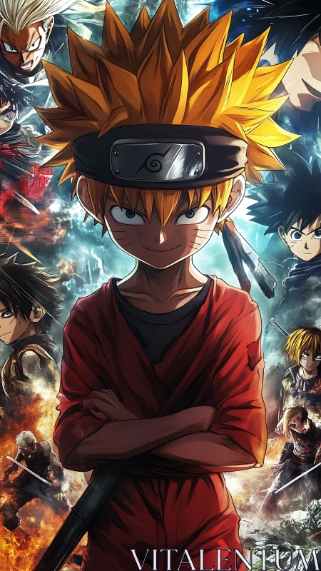 Bold orange-haired anime hero stands amid fiery rivals