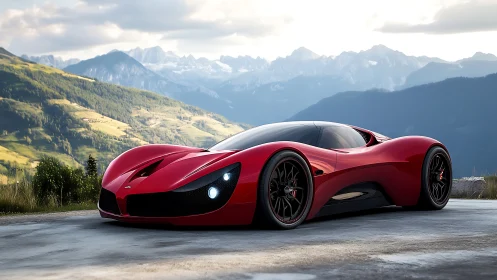 Crimson supercar prowls alpine ribbon road at dusk.