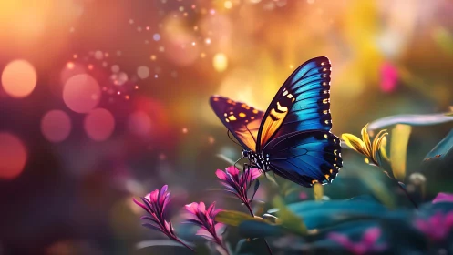 Blue and orange butterfly on flowers with soft bokeh field.