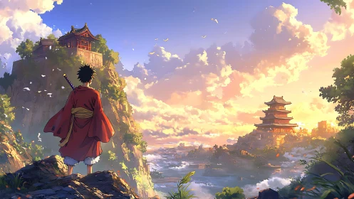 Lone wanderer surveys sunrise temples above misty valley