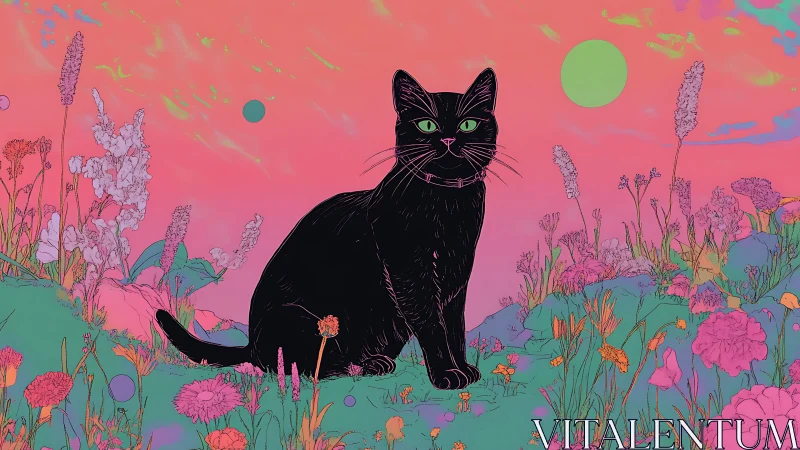 Black Cat in a Magical Flower Garden.