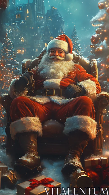 Santa figure seated outdoors amid snow and lit trees.