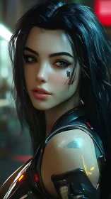 Cyberpunk woman portrait with sleek armor and implants.