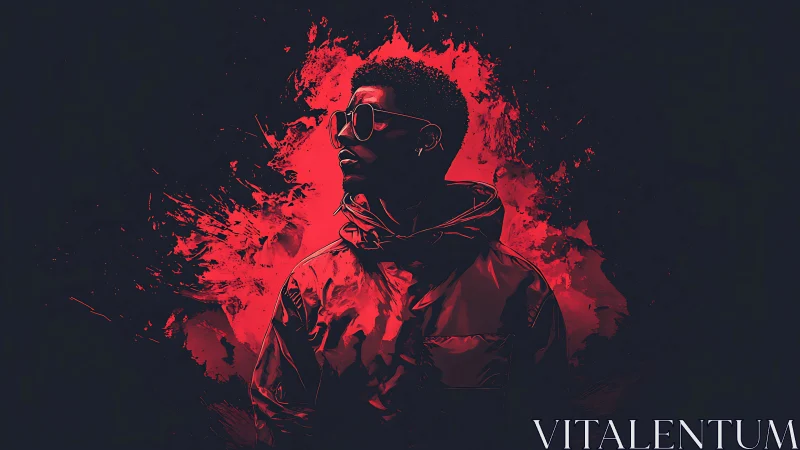 Stylized portrait of man in red jacket on dark backdrop.