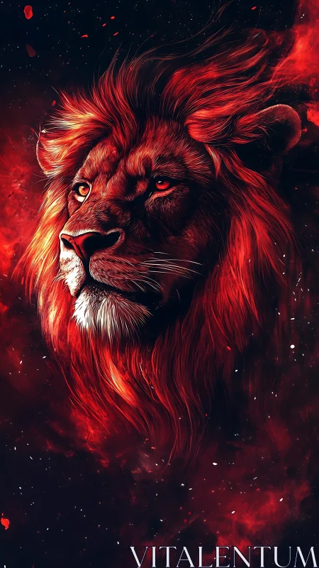 Crimson cosmic lion portrait rendered in dramatic digital chiaroscuro