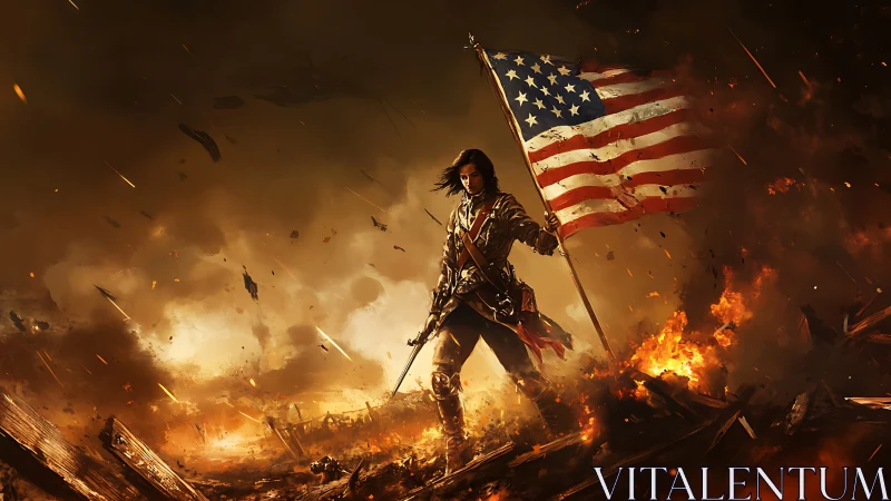 Militarized heroine amid inferno with dynamically tattered US flag.