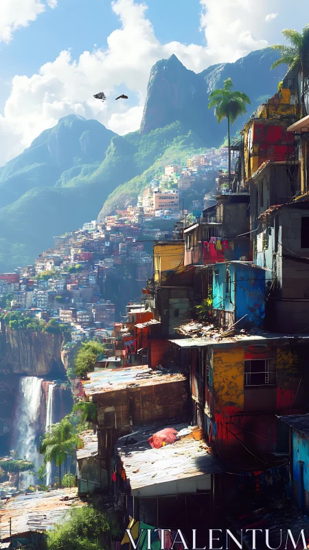 Vertiginous favela terraces overlook misted waterfalls and peaks