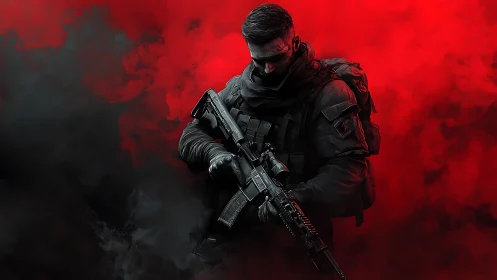 Armored tactical operator framed by red and black smoke gradients
