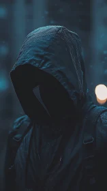 Rain-soaked hooded phantom in neon-dimmed midnight streets.
