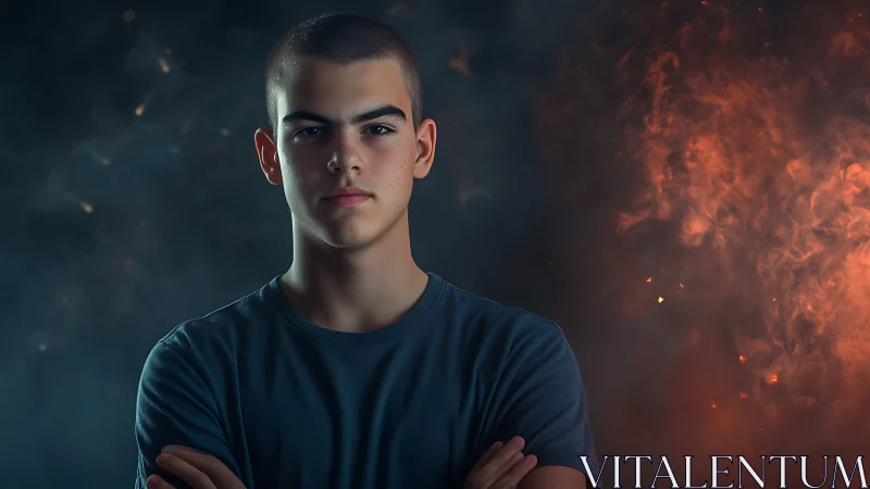 Cinematic portrait of young man against dual fire and smoke backdrop