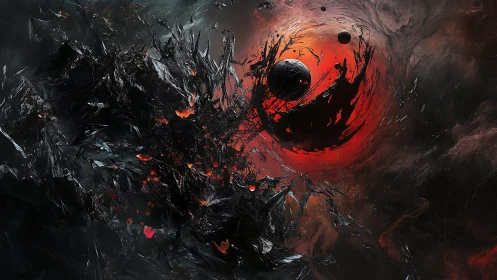 Shattered cosmic sphere erupts amid swirling crimson void