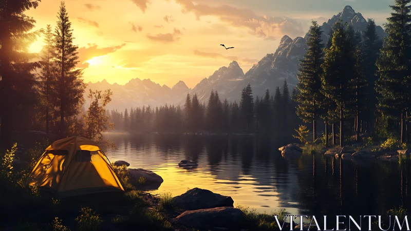 Sunlit tent by mirror lake in hush of golden mountains.