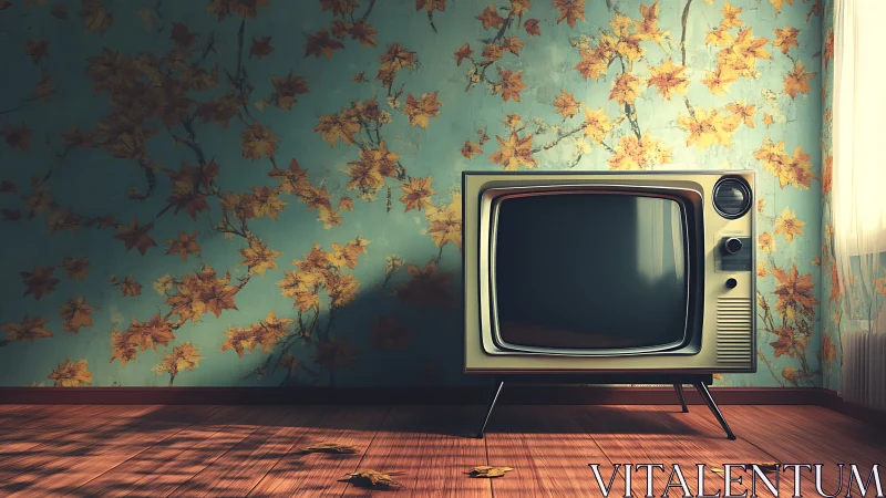 Vintage television in warm room with floral wallpaper.
