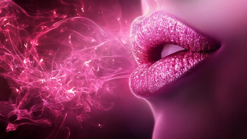 Glittered lips exhale neon whispers into a velvet cosmos