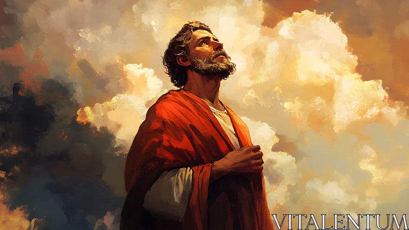 Sky-lit pilgrim wrapped in ember robes of quiet devotion.