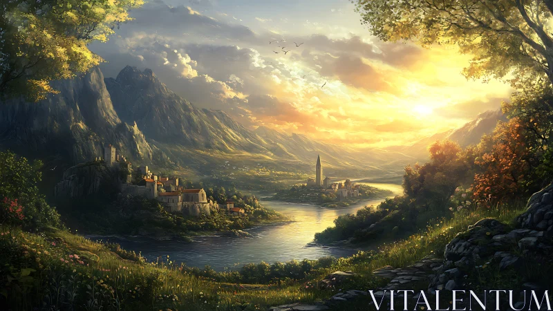 Sunlit river valley frames distant fantasy citadel panorama.