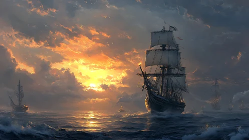 Tall sailing ship moves through rough sea under dense clouds