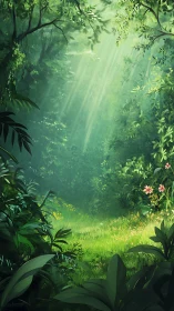 Luminous Forest Sanctuary: Digital Landscape with Volumetric Light.