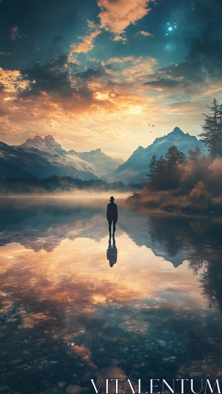 Quiet wanderer on a dreamlike mirrored mountain lake.