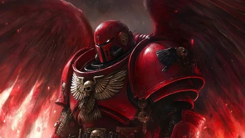 Armored crimson angelic warrior rendered in dramatic digital chiaroscuro