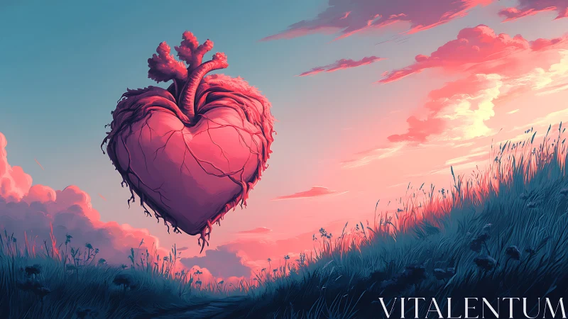 A Floating Anatomical Heart Glows Softly in a Dreamy Sky