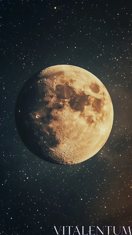 Golden lunar surface glows amid a dense starfield night.