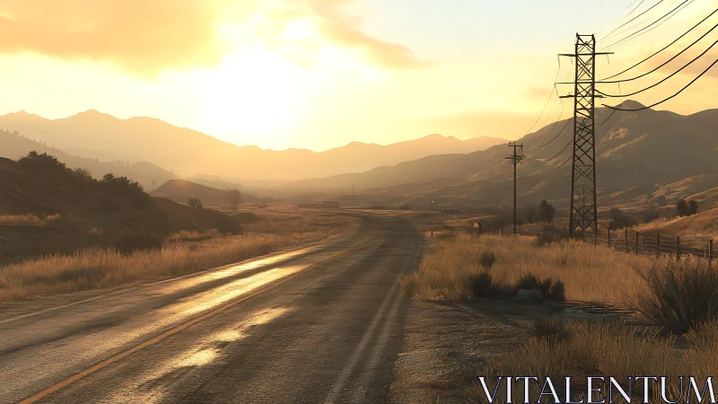 Two lane rural road and power lines at low sun angle.
