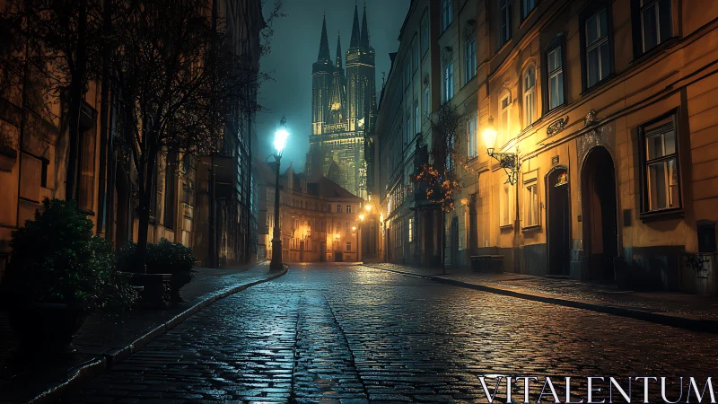 Narrow cobblestone street leads to illuminated cathedral at night