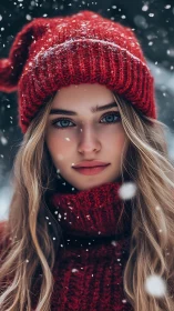 Snow-kissed winter portrait in vivid red knitwear.