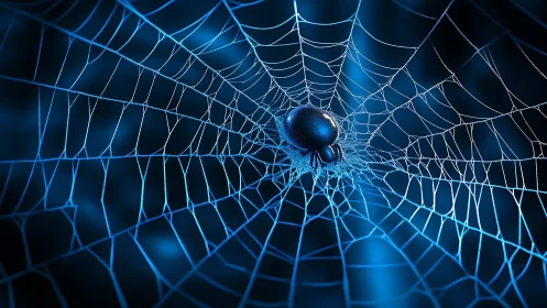 Spider centered on illuminated web in dark blue environment.