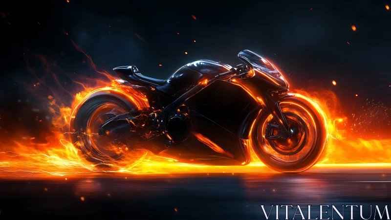 Futuristic sport motorcycle with stylized flames in motion.