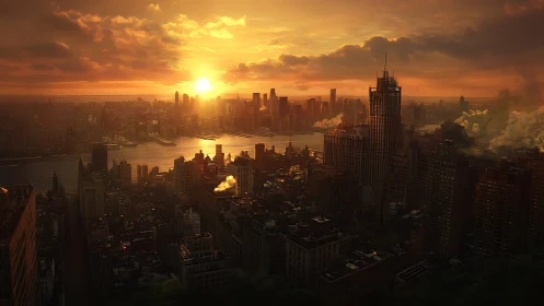 Golden sunset bathes a bustling riverside city in calm light