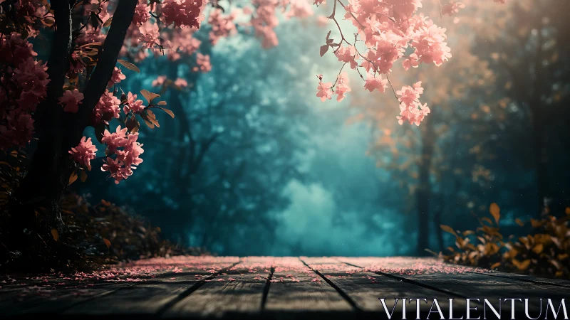 Blossom framed forest path under soft misty light.